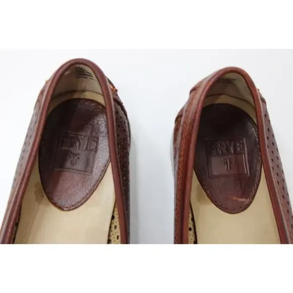 Women’s Frye Penny Loafers Dalia Brown Leather Perforated Shoes Flat Preppy 8 M - Picture 4 of 12